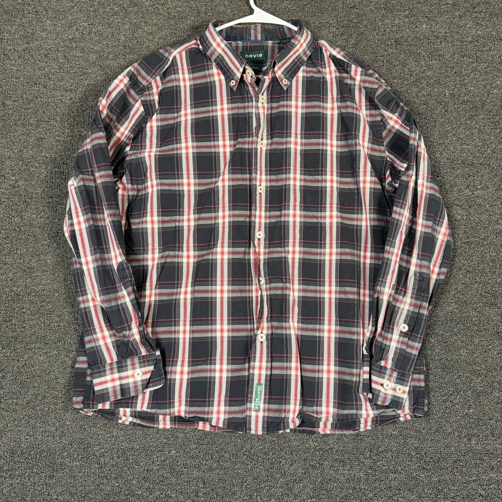 Orvis Heritage Wash Mens XL Active Fit Plaid Button Down Shirt Navy Red Long Slv